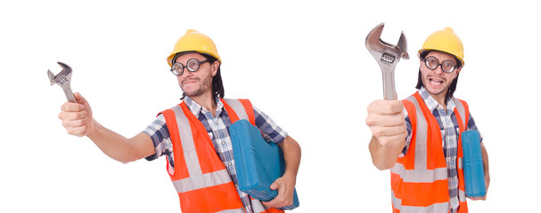 Funny young construction worker with toolbox and wrench isolated