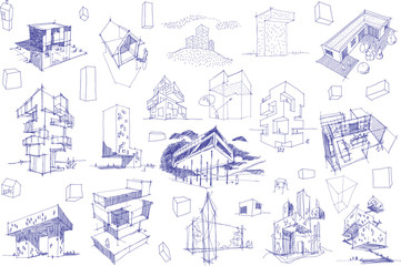 many hand drawn architectectural sketches of a modern abstract architecture nad geometric objects an