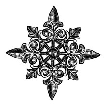Hand Drawn Christmas Decoration Snowflake Star In Baroque Vintage Design Filigree Isolated On White Background. Sketch Style Holidays Element. Vector.