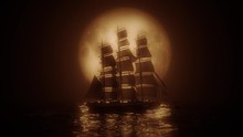 Highly Stylized View Of A Tall Ship Illuminated By A Full Moon. 4K UHD. Rendered At 16-bit Color Depth.