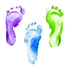 Kid foot prints colorful set isolated on white background. Many fingerprint or stamp texture artwork of kids for education and journey. Bottom view. Close up.