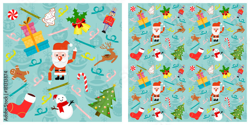 Plakat Boże Narodzenie lub nowy rok elementy wzór. Pojedynczy wzór jest pokazany po lewej stronie. Przykład montażu bez szwu jest pokazany po prawej stronie.