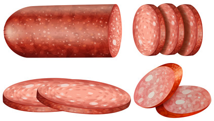 Wall Mural - Salami slices on white background