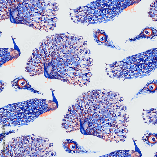 Stoffe zum Nähen Pfauen, stehend mit geschlossenen und geöffneten Tail, Federn, blau-Palette, nahtlose Musterdesign, handbemalt Aquarell Illustration, weißer Hintergrund