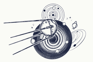 Wall Mural - universe research. symbol of space expedition, science, future, research of solar system. sputnik ta