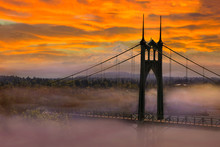 Mount Hood By St Johns Bridge During Sunrise In Portland Oregon