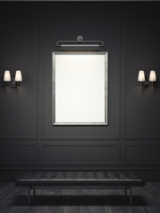 Dark classic interior with a silver picture frame. 3d rendering