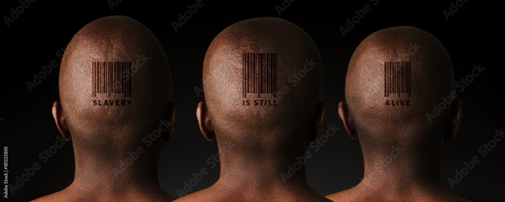Illustrative image of three African men with retail barcode tattoos. - obrazy, fototapety, plakaty 