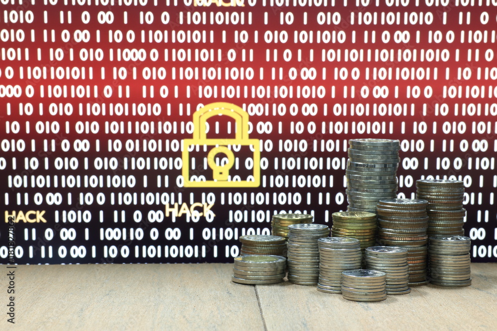 Digital economy. Coin stack with digital lock and hack ransom text in ...