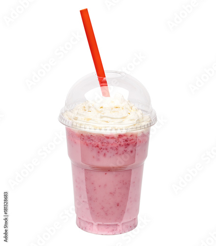 Plakat Truskawkowy milkshake wewnątrz bierze oddaloną filiżankę odizolowywającą na białym tle z ścinek ścieżką