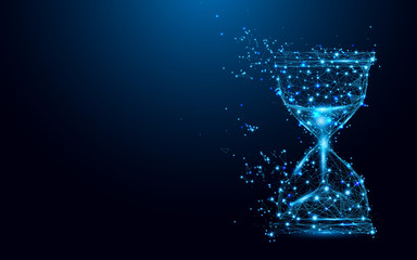 hourglass icon from lines and triangles, point connecting network on blue background. illustration v