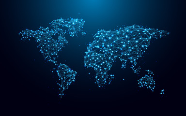 Aufkleber - world map from lines and triangles, point connecting network on blue background. Illustration vector