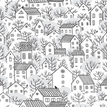 Trees And Houses Seamless Pattern Winter