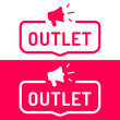 Outlet. Badge with megaphone icon. Flat vector illustration on white and red background. 