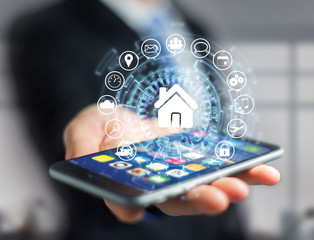 Wall Mural - home button of a technology interface surrounded by application - technology app concept