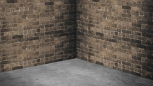Empty Corner Room With Brown Brick Wall And Grey Concrete Floor Background,Mock Up Studio Room For Display Or Montage Of Product For Advertising On Media,Business Presentation.