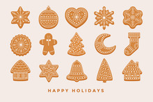 Big Set Christmas Gingerbread: Gingerbread Houses, Crescent, Gingerbread Man, Snowflakes, Sock, Christmas Tree, Bell, Star, New Year's Ball On Light Background. Vector Illustration.