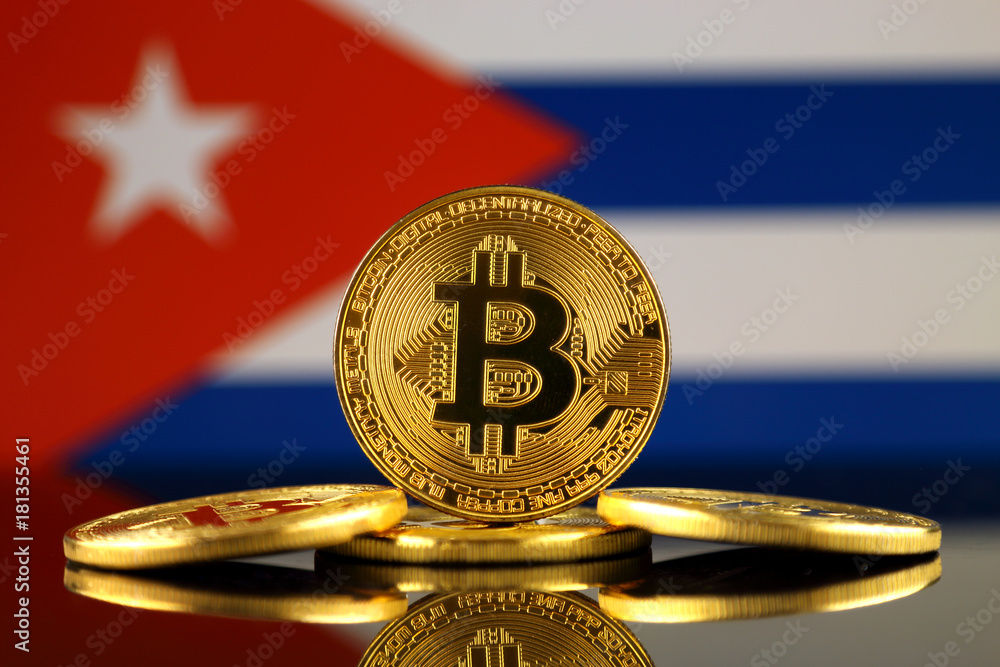 Physical version of Bitcoin (new virtual money) and Cuba Flag. Conceptual image for investors in cryptocurrency and Blockchain Technology in Cuba.