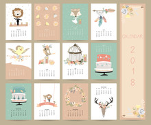Colorful Pastel Monthly Calendar 2018 With Wild,lion,bird,leaf,flower,cage And Cake.Can Be Used For Web,banner,poster,label And Printable