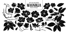 Set Of Isolated Silhouette Magnolia In 21 Styles. Cute Hand Drawn Flower Vector Illustration In White Outline And Black Plane.