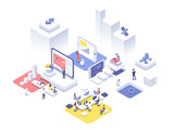 Fototapeta Perspektywa 3d - People work in a team and achieve the goal. Startup concept. Launch a new product on a market. Isometric vector illustration.