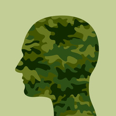 Man with green and khaki camouflage head - combatant and soldier. Person is part of army and military armed force. Vectot illustration