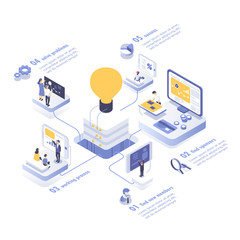 People work in a team and achieve the goal. Startup concept. Launch a new product on a market. Isometric vector illustration.