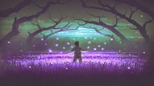 Wonderful Night Scenery Showing A Boy Standing In The Garden Of Purple Flowers With Glowing Insects, Digital Art Style, Illustration Painting