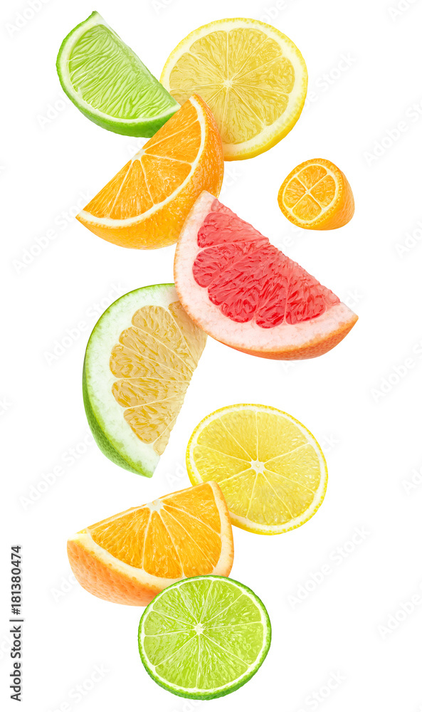 Isolated citrus fruits pieces in the air. Sliced orange, lemon, lime, grapefruit and kumquat falling isolated on white background with clipping path - obrazy, fototapety, plakaty 
