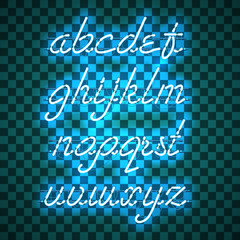 Wall Mural - glowing blue neon script font with lowercase letters from a to z with wires, tubes, brackets and hol