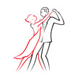 Graphic color linear drawing or logo, where a passionate couple in love, cartoon man and woman, dance tango. Luxury vector illustration, isolated on white background.