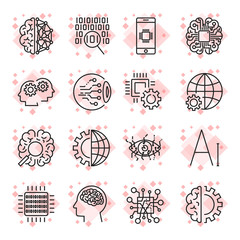 Wall Mural - Vector icon set for artificial intelligence (AI) concept. Various symbols for the topic using flat design. Editable Stroke