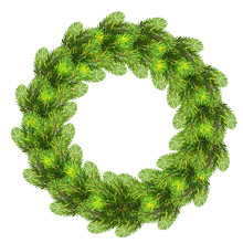 Christmas Wreath Made Of Realistic Pine Tree Branches. Green Round Fir Tree Isolated On White Background