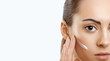 © verona_studio - Facial Care. Female Applying Cream.Portrait Of  Young Woman With Cosmetic Cream On Skin. Closeup Of Beautiful Girl With Beauty Product On Soft Skin, Natural Makeup Touching Face. High Resolution