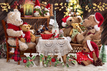Teddy Bear Family At Christmas Time With Milk And Cookies