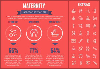 Sticker - Maternity infographic template, elements and icons. Infograph includes customizable graphs, three options, line icon set with pregnant woman, breast feeding, child care, reproductive technologies etc.