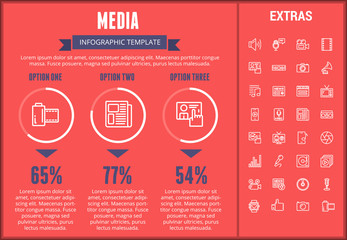 Sticker - Media infographic template, elements and icons. Infograph includes customizable graphs, three options, line icon set with social media, user profile, broadcast media, record, telecommunication etc.