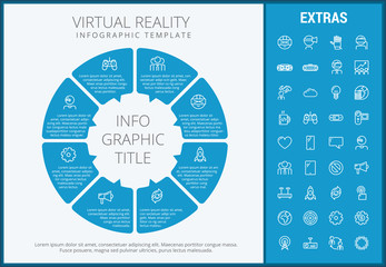 Wall Mural - Virtual reality infographic template, elements and icons. Infograph includes customizable circular diagram, line icon set with virtual reality glasses, vr technology, video game, cloud computing etc.