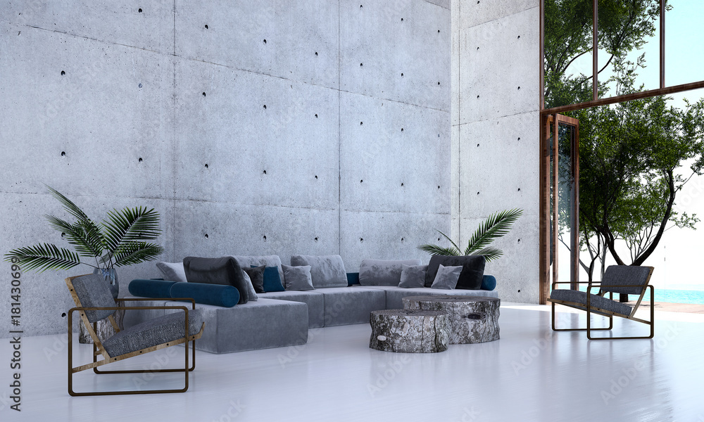 Obraz na płótnie The modern lobby lounge and living room and concrete wall and sea view / 3D rendering  w salonie