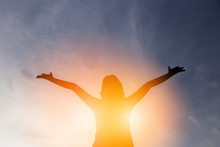 Happiness And Jouful Woman Girl Rise Hand Up Into Sky Background