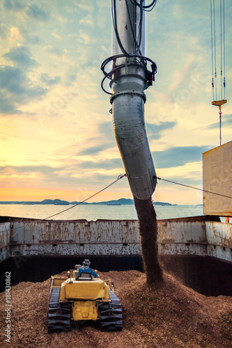 Fotografia, Obraz bulldozers pushing bulk wood chips loading into a large vessel by a conveyor, vertical view