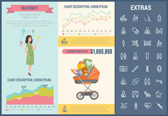 Sticker - Maternity infographic template, elements and icons. Infograph includes customizable graphs, charts, line icon set with pregnant woman, breast feeding, child care, reproductive technologies etc.