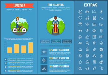 Canvas Print - Lifestyle infographic template, elements and icons. Infograph includes customizable graphs, charts, line icon set with healthy food, sport exercise, media, training machine, leisure activities etc.