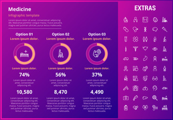 Wall Mural - Medicine infographic template, elements and icons. Infograph includes customizable graphs, options, line icon set with medical stethoscope, disable person, hospital doctor, nurse, first aid kit etc.