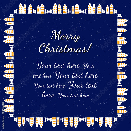 vector christmas illustration square frame from the silhouette of the night city the outline of the houses lights and christmas trees on snow background buy this stock vector and explore similar adobe stock
