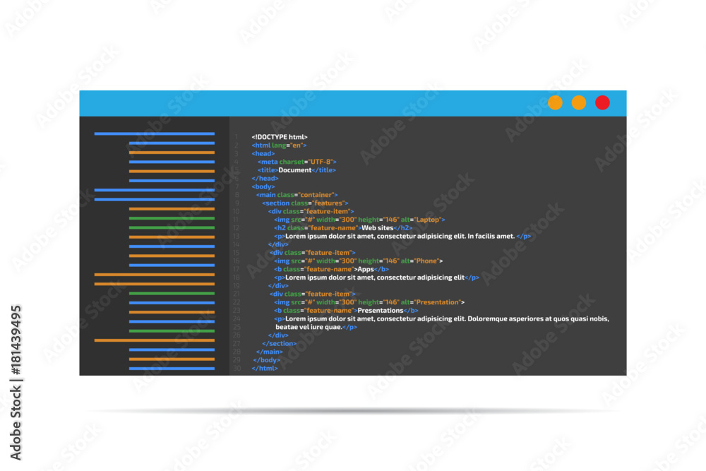 HTML code website. Coding, programming  concept. Vector illustration.