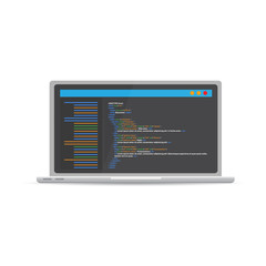  HTML code website. Laptop coding, programming  concept. Vector illustration.