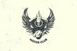 Vintage Motor Club Sign and Label with motor, skull and wings. Emblem of bikers and riders.