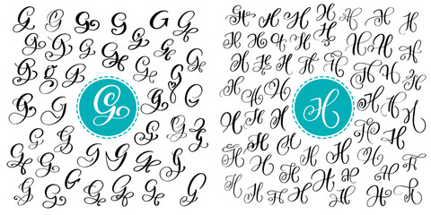 Wall Mural - Set letter G and H. Hand drawn vector flourish calligraphy. Script font. Isolated letters written with ink. Handwritten brush style. Hand lettering for logos packaging design poster.