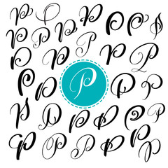 Wall Mural - Set letter P. Hand drawn vector flourish calligraphy. Script font. Isolated letters written with ink. Handwritten brush style. Hand lettering for logos packaging design poster.